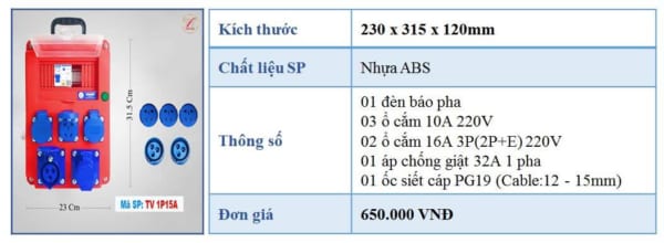 Thông số kỹ thuật tủ điện ngoài trời nhỏ TV 1P15A