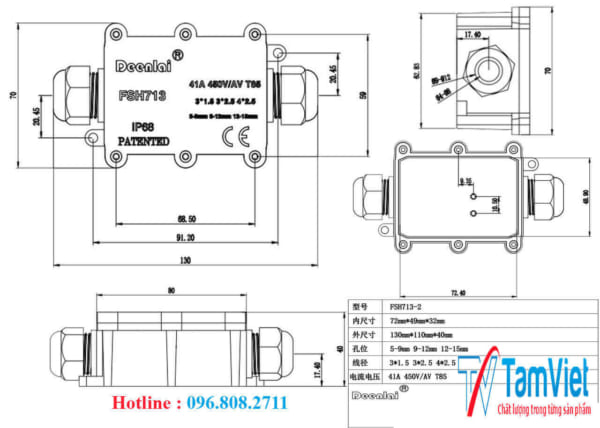 Thông số kỹ thuật hộp đấu nối 1 đầu vào 1 đầu ra