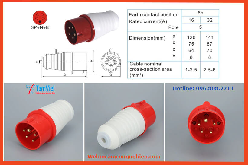 Kích thước phích 16A 5 chấu 380V