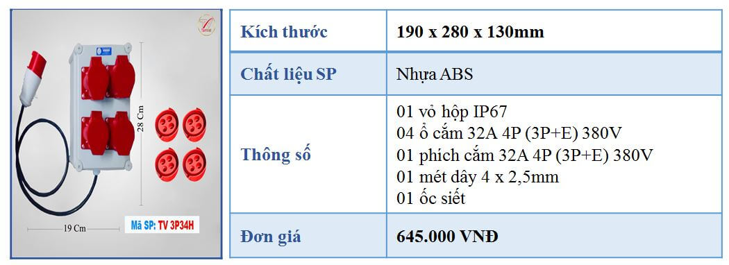 Thông số kỹ thuật Hộp điện công nghiệp TV3P34H