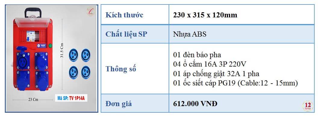Thông số kỹ thuật hộp chia điện công nghiệp TV 1P14A