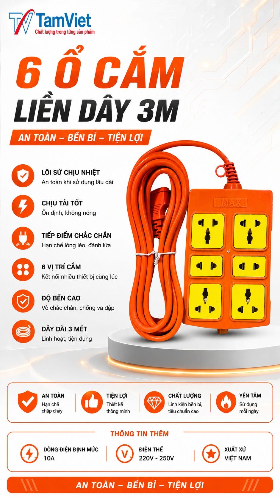 6 ổ cắm liền dây 3m lõi sứ