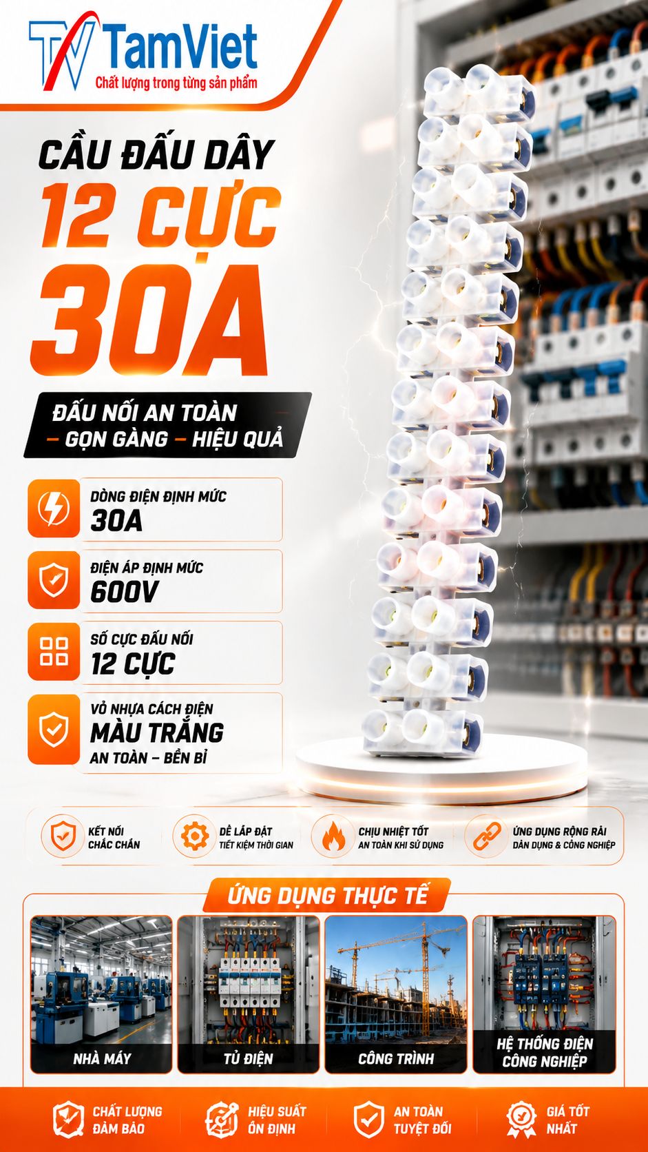 Cầu đấu dây 12 cực 30A màu trắng