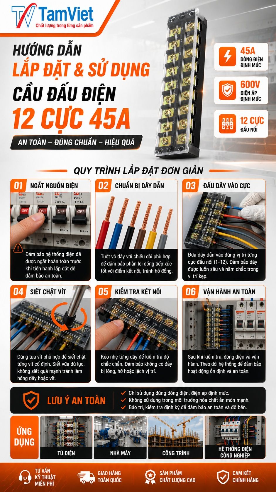 Hướng dẫn sử dụng cầu đấu điện 12 cực 45A