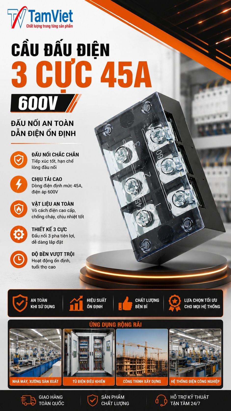 Cầu đấu điện 3 cực 45A 600V