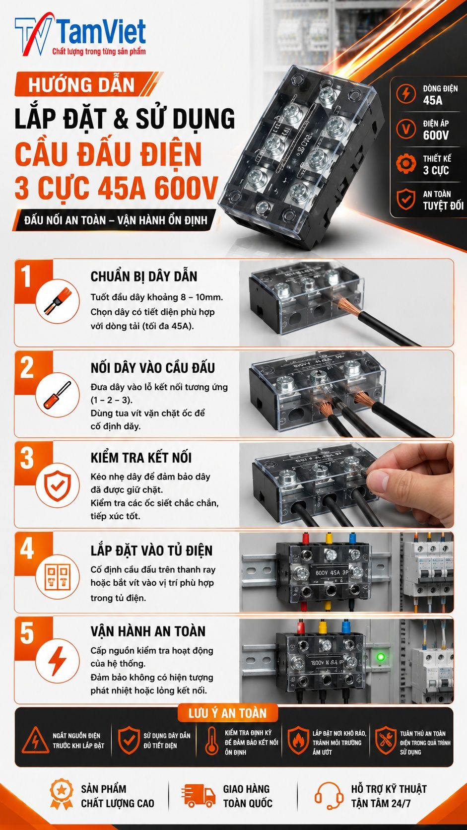 Hướng dẫn sử dụng cầu đấu điện 3 cực 45A 600V