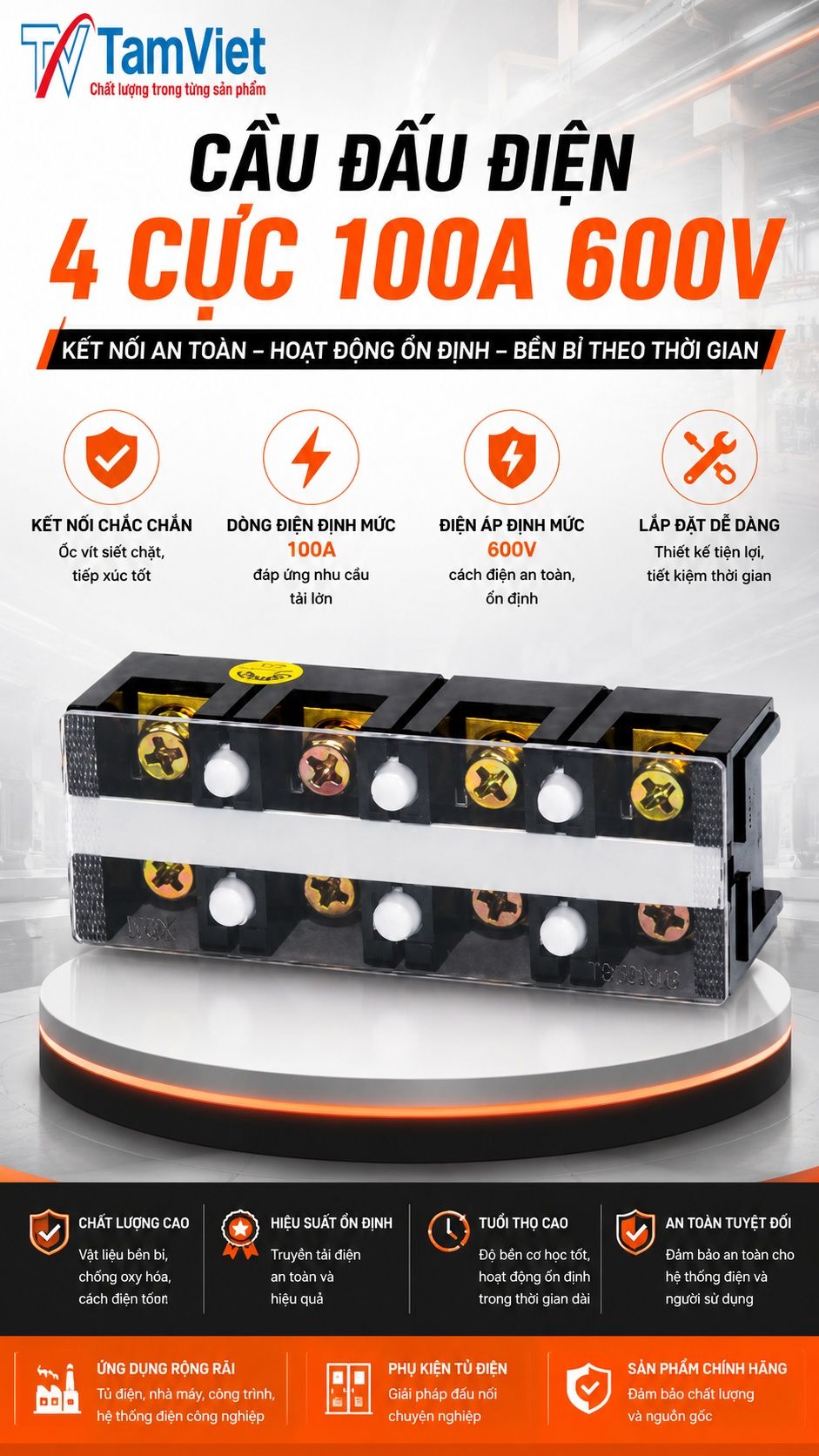 Cầu đấu điện 4 cực 100A 600V