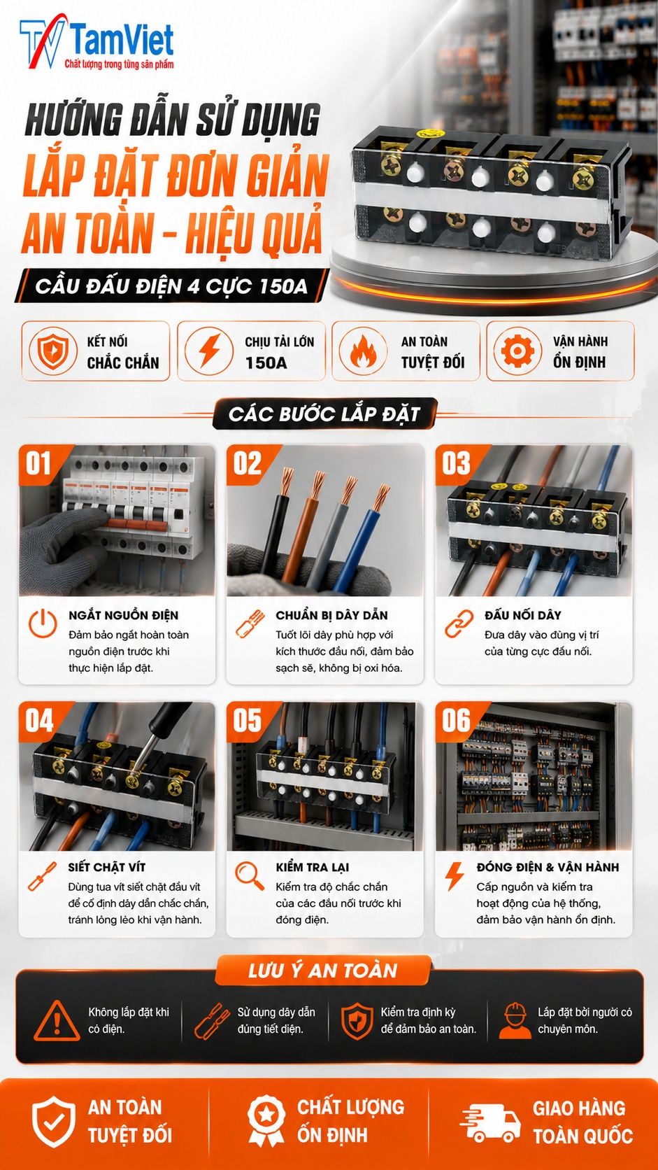 Hướng dẫn sử dụng cầu đấu điện 4 cực 150A
