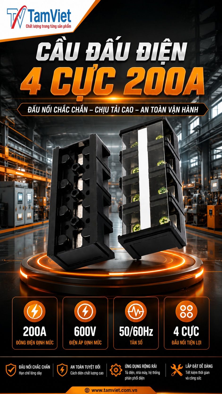 Cầu đấu điện 4 cực 200A
