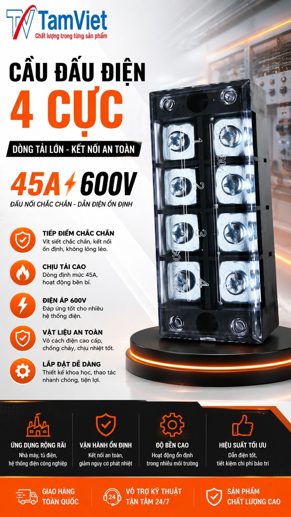 Cầu đấu điện 4 cực 45A 600V