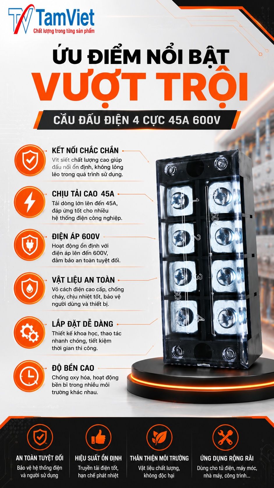 Hướng dẫn sử dụng cầu đấu điện 4 cực 45A 600V
