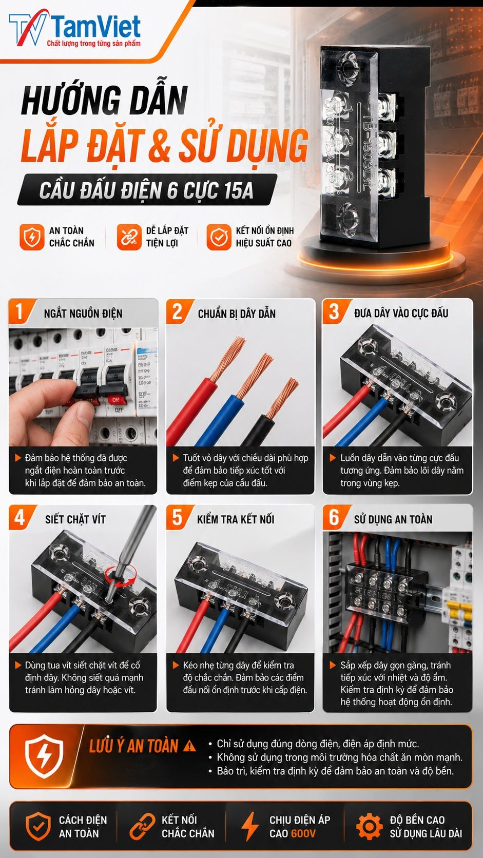 Hướng dẫn sử dụng cầu đấu điện 6 cực 15A