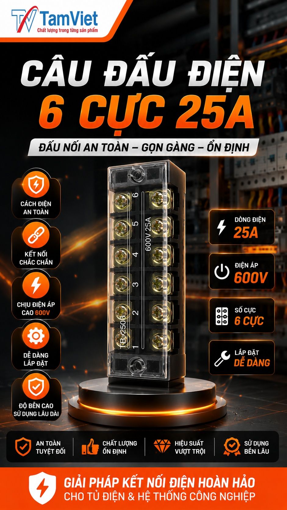 Cầu đấu điện 6 cực 25A
