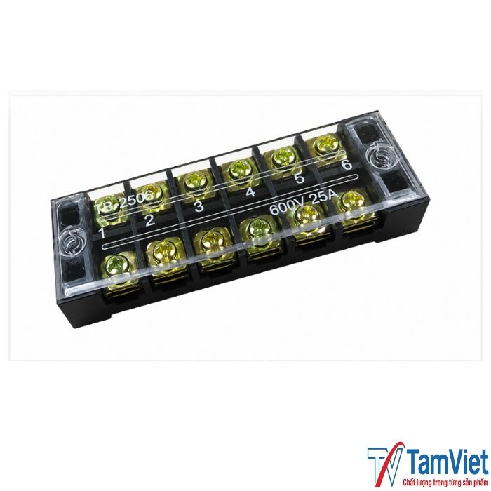 cau-dau-dien-6-cuc-25a-4 Cầu đấu điện 6 cực 25A thiết kế chắc chắn, chịu điện áp 600V, phù hợp cho tủ điện công nghiệp và hệ thống đấu nối dây dẫn.