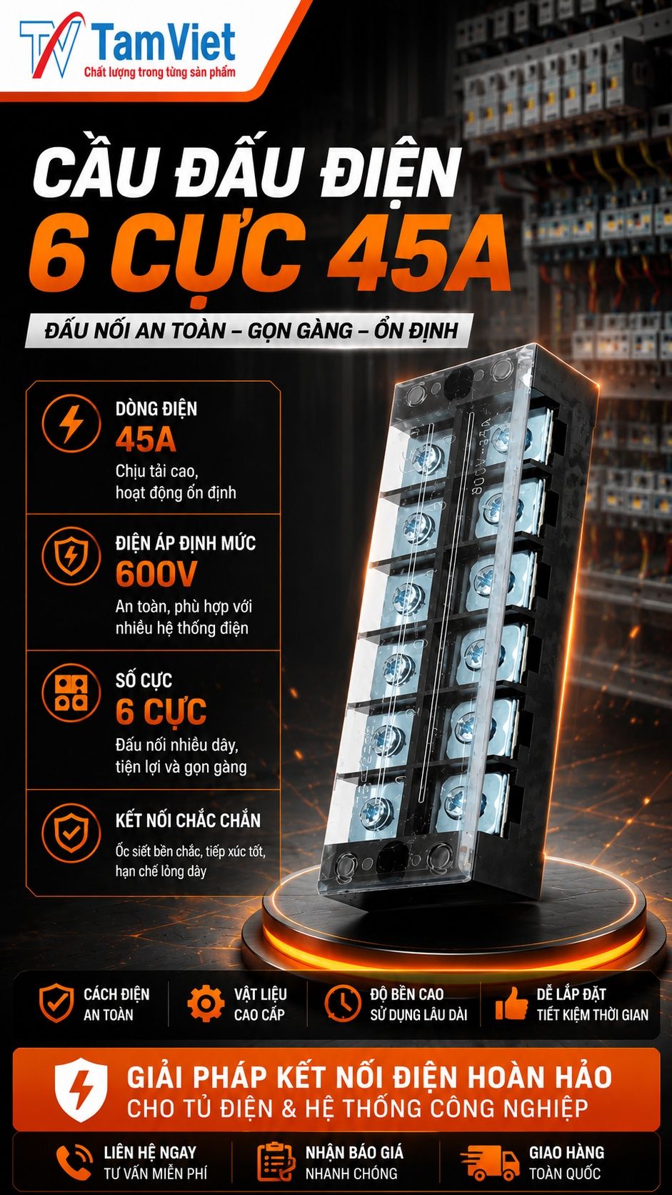 Cầu đấu điện 6 cực 45A