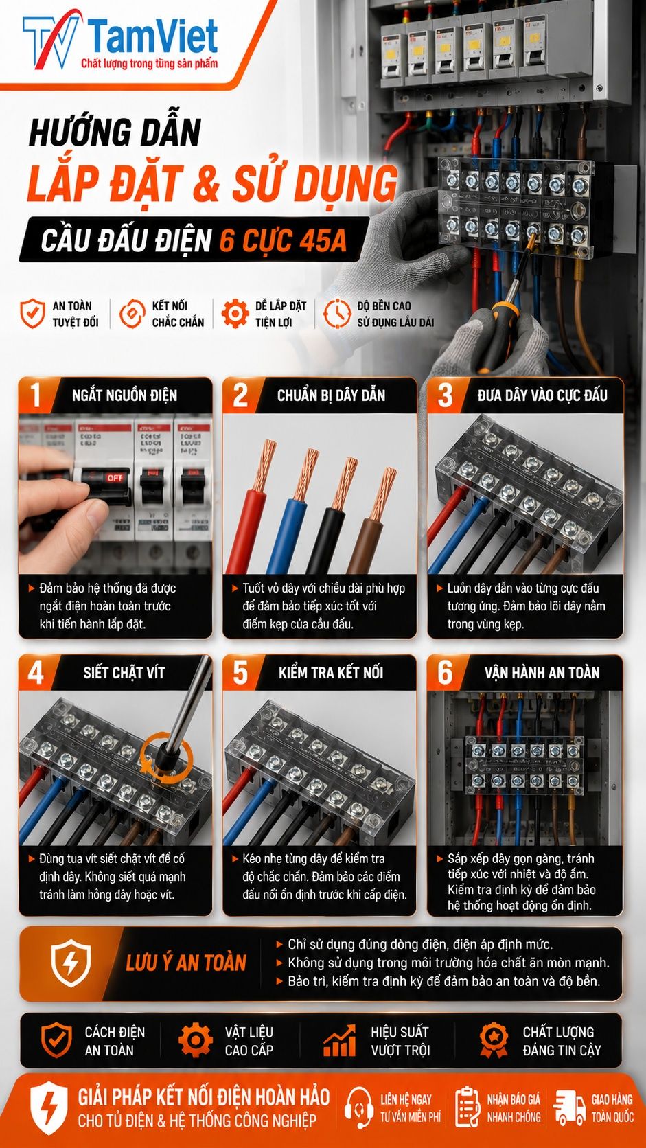 Hướng dẫn sử dụng cầu đấu điện 6 cực 45A