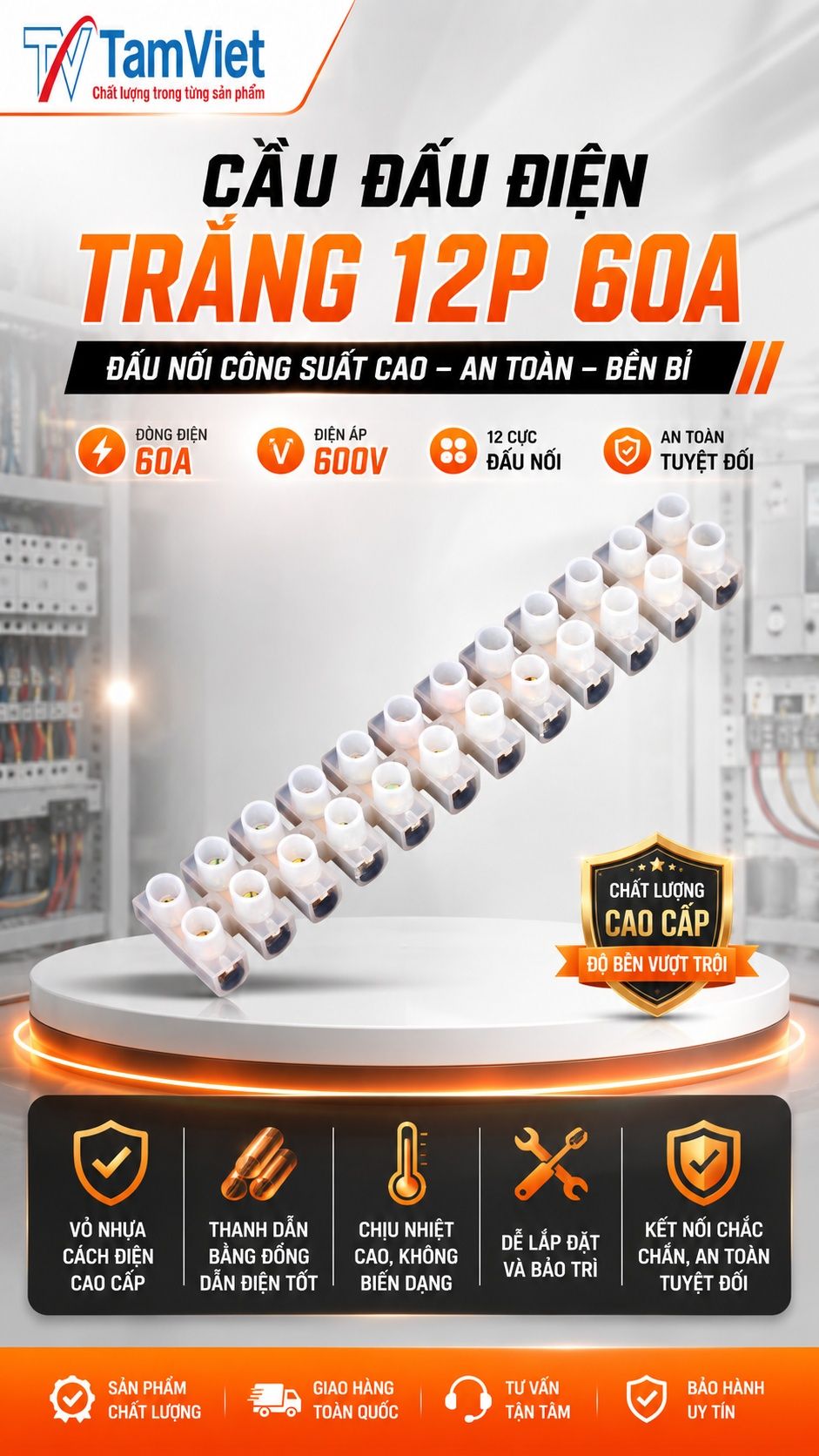 Cầu đấu điện trắng 12P 60A