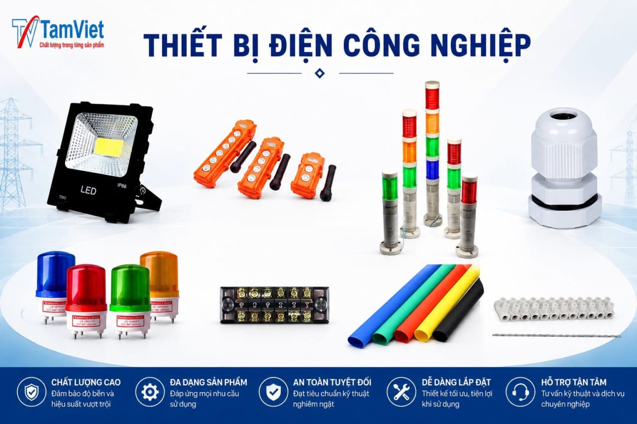 Thiết bị điện công nghiệp cung cấp giải pháp kết nối, điều khiển và bảo vệ hệ thống điện trong nhà máy, xưởng sản xuất và công trình. Sản phẩm đa dạng, bền bỉ và đáp ứng yêu cầu vận hành an toàn trong môi trường công nghiệp.