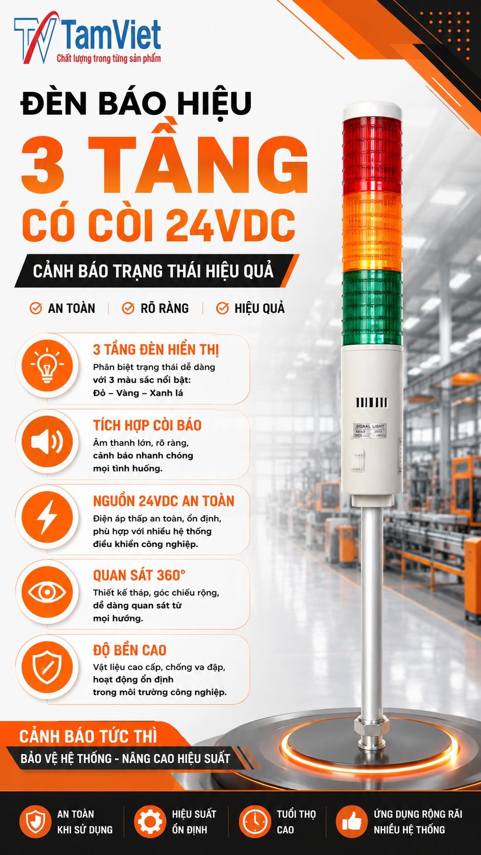 Đèn báo hiệu 3 tầng có còi 24VDC
