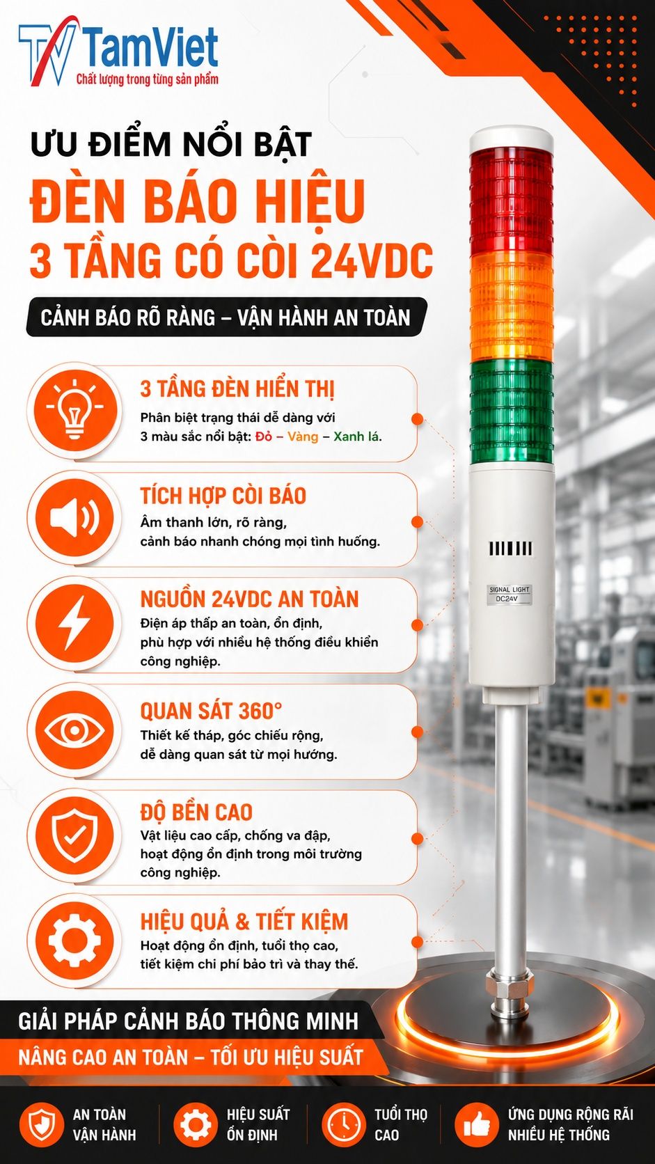 Ưu điểm đèn báo hiệu 3 tầng có còi 24VDC