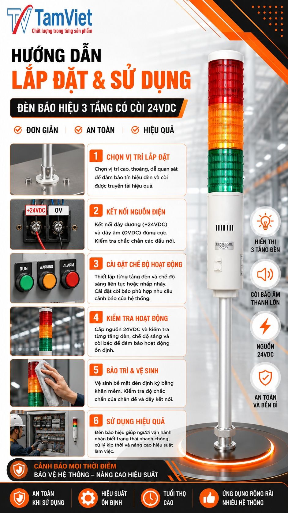 Hướng dẫn sử dụng đèn báo hiệu 3 tầng có còi 24VDC
