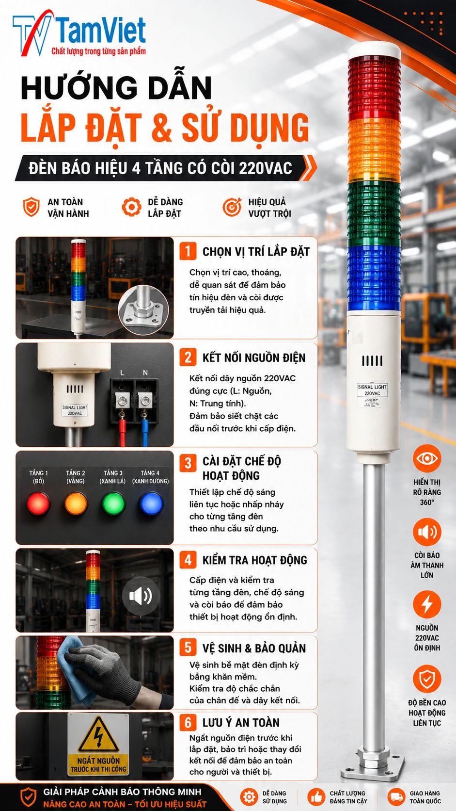 Hướng dẫn sử dụng đèn báo hiệu 4 tầng có còi 220VAC