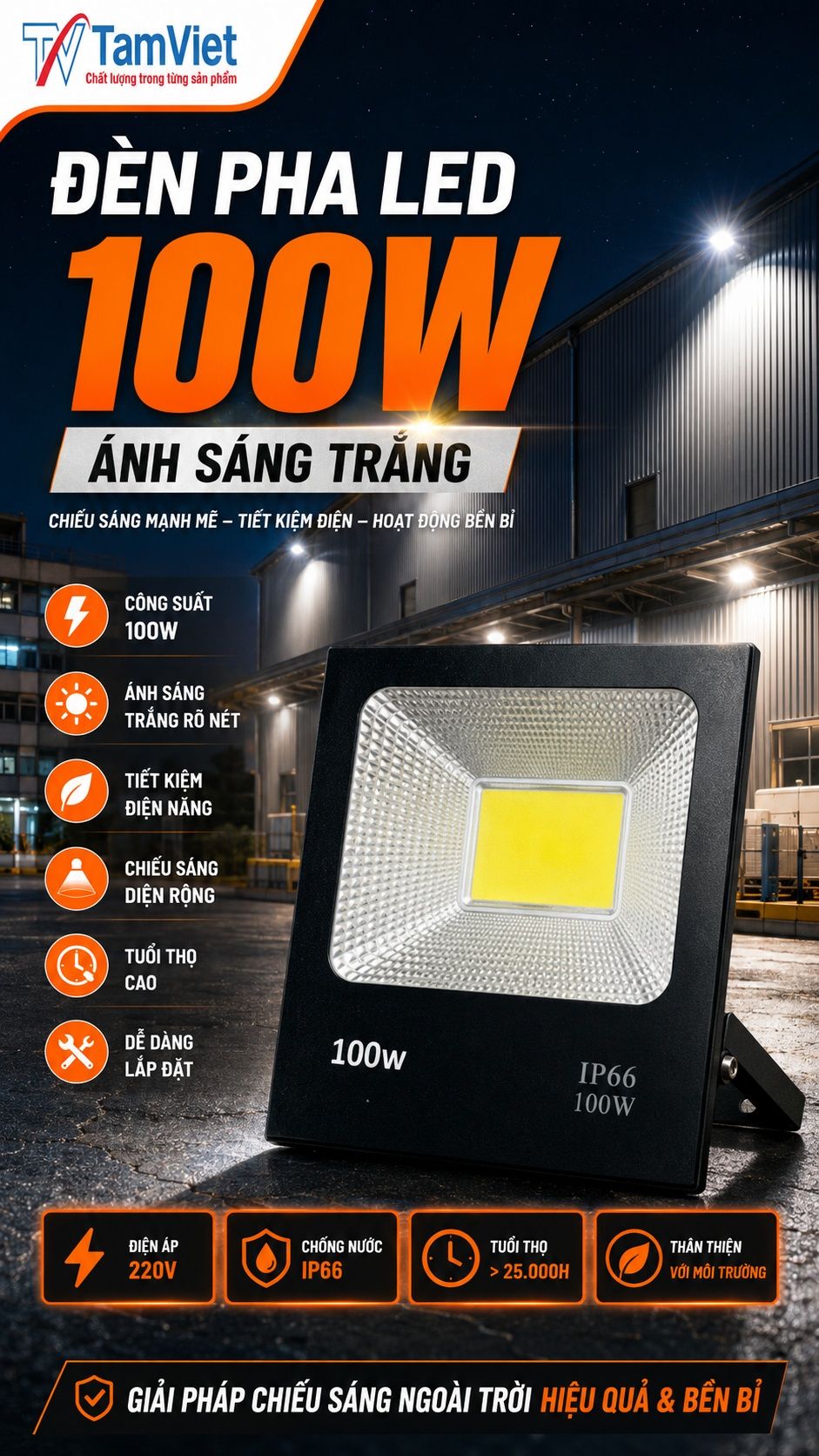 Đèn pha LED 100W ánh sáng trắng