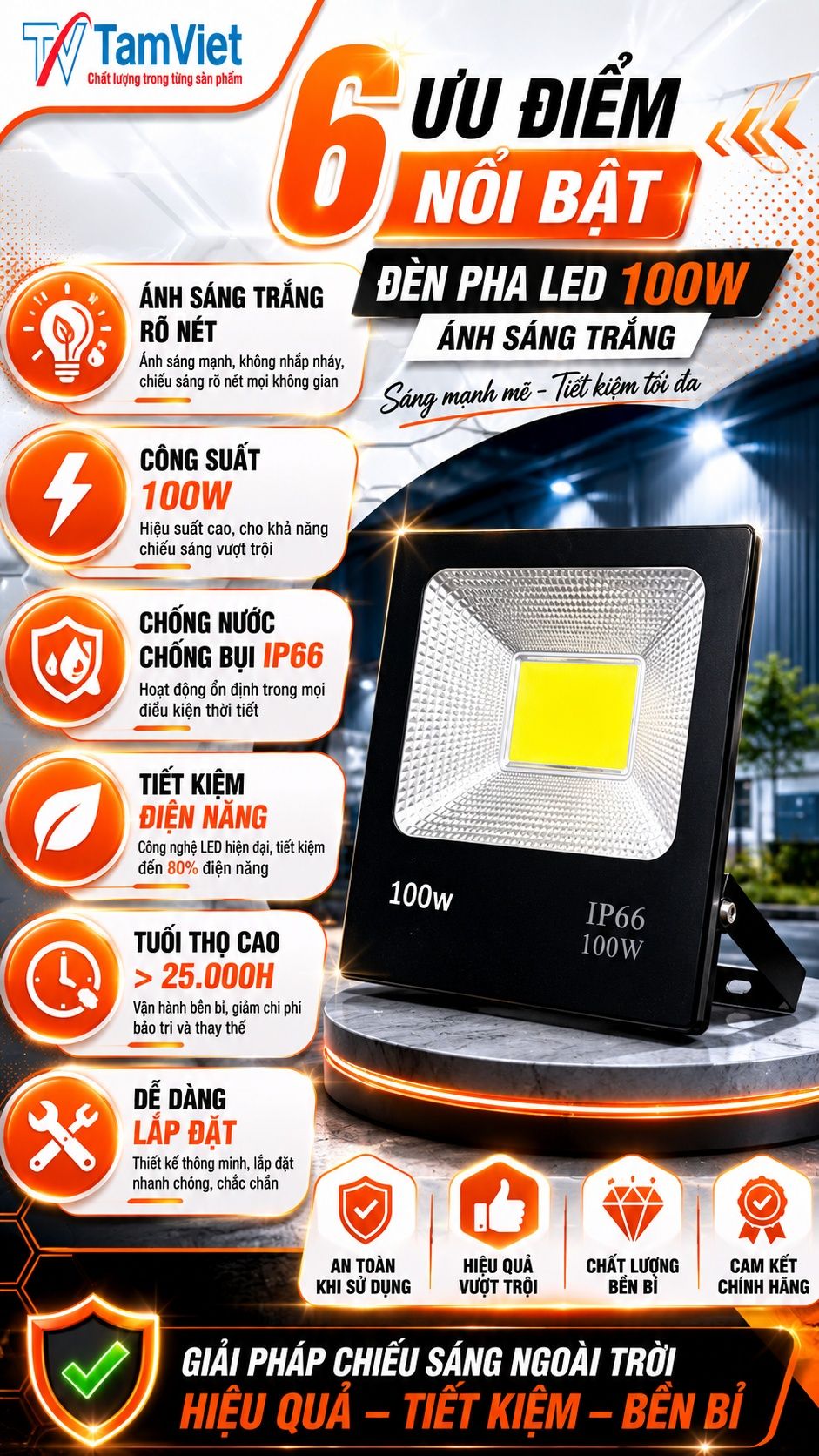 Ưu điểm đèn pha LED 100W ánh sáng trắng