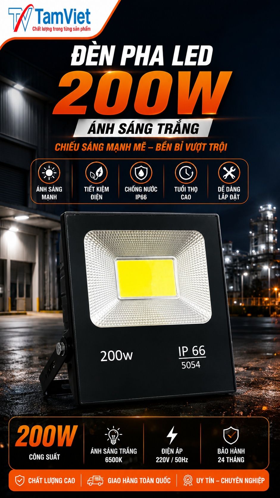 Đèn pha LED 200W ánh sáng trắng