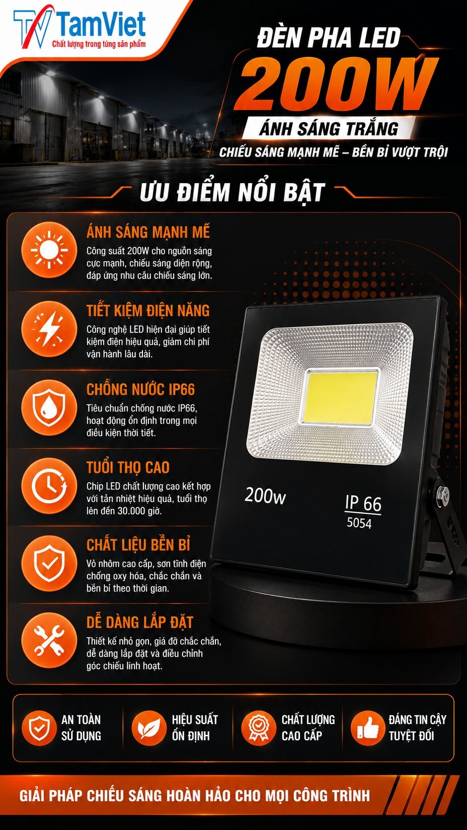 Ưu điểm nổi bật đèn pha LED 200W ánh sáng trắng