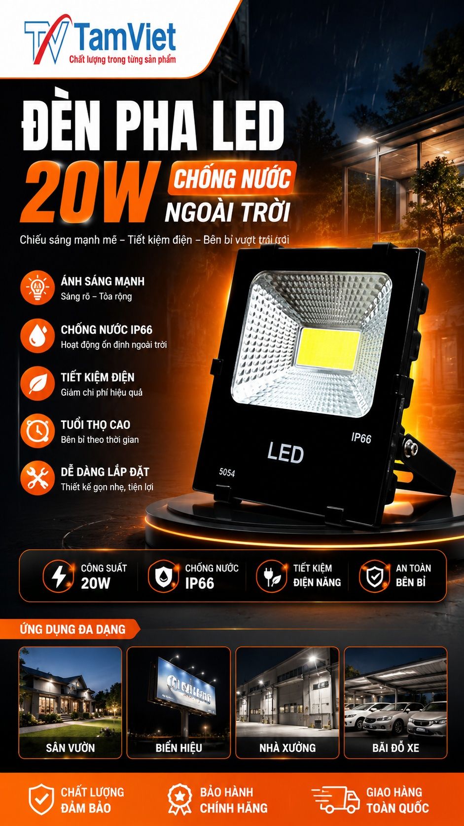 Đèn pha LED 20W chống nước ngoài trời