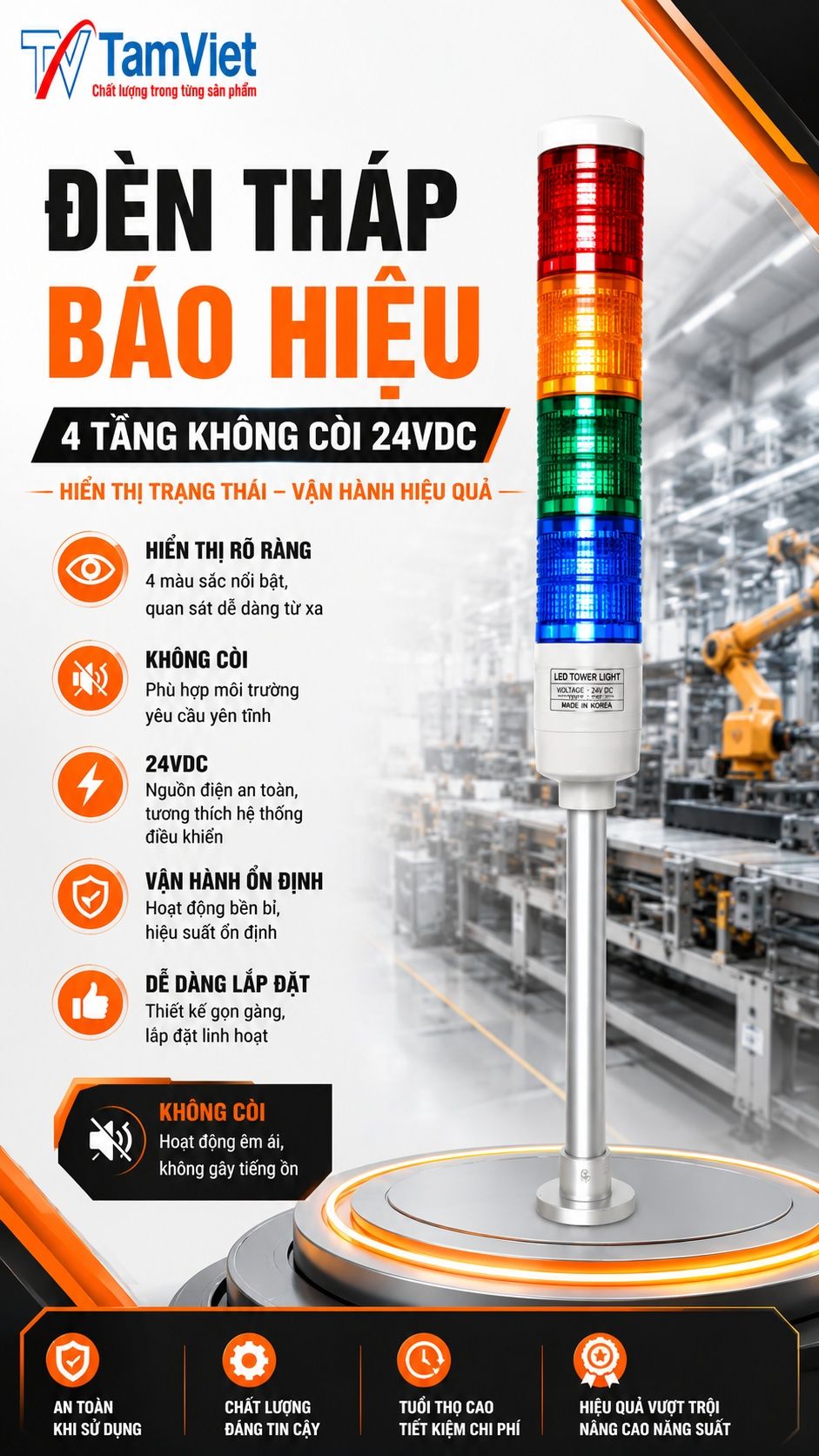 Đèn tháp báo hiệu 4 tầng không còi 24VDC