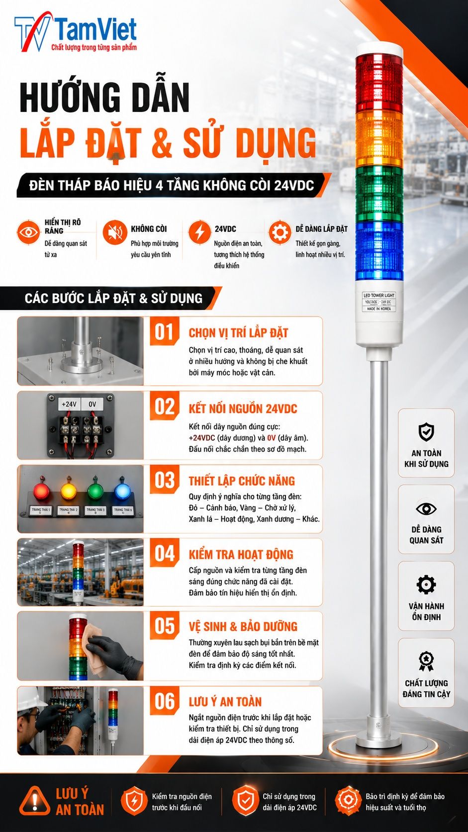Hướng dẫn sử dụng đèn tháp báo hiệu 4 tầng không còi 24VDC