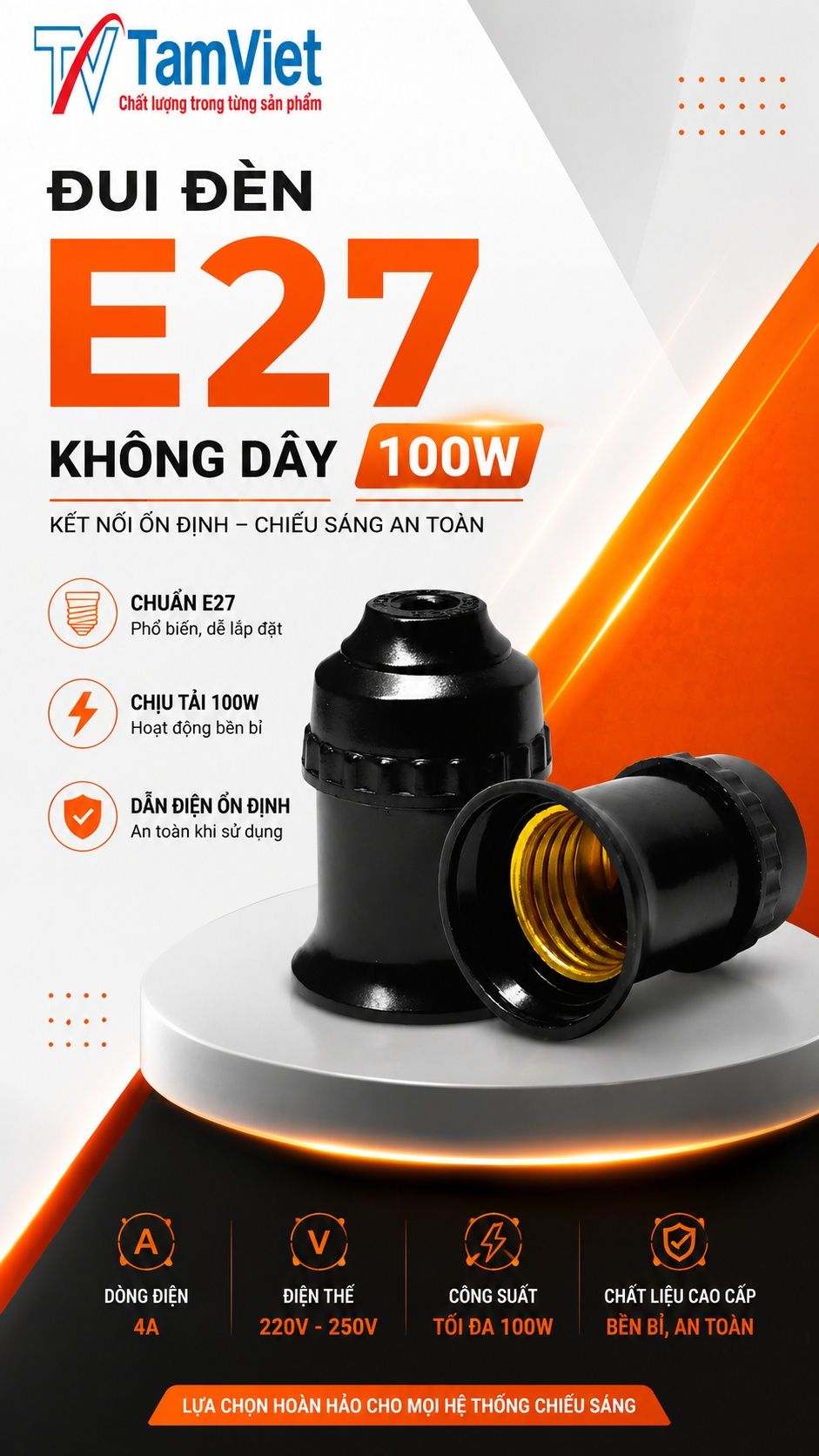 Đui đèn E27 không dây 100W