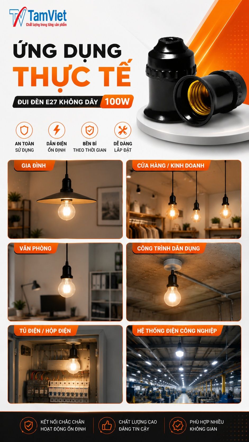 Ứng dụng đui đèn E27 không dây 100W