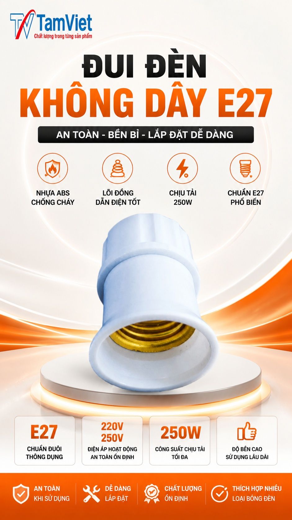 Đui đèn không dây trắng E27