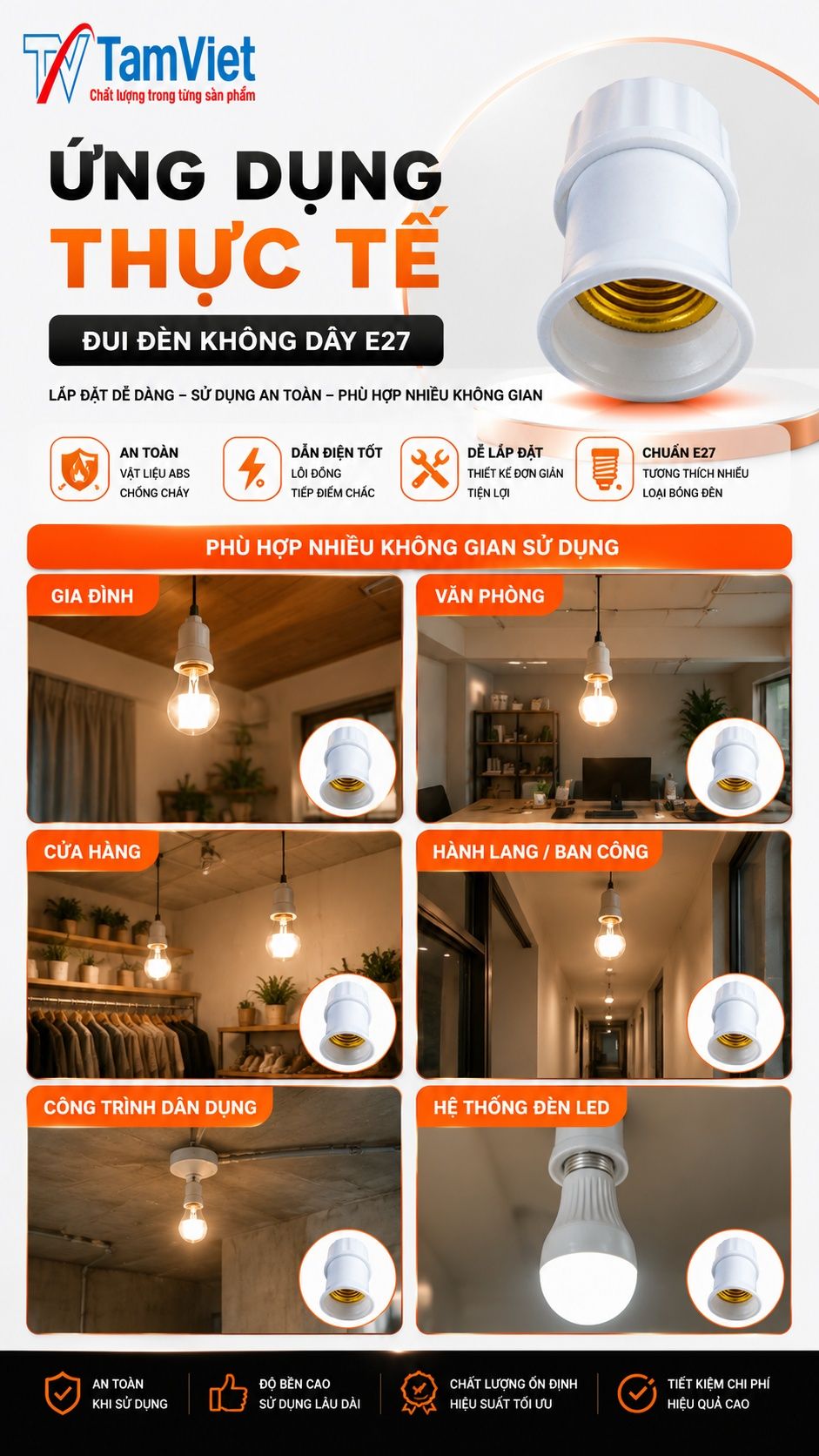 Ứng dụng đui đèn không dây trắng E27