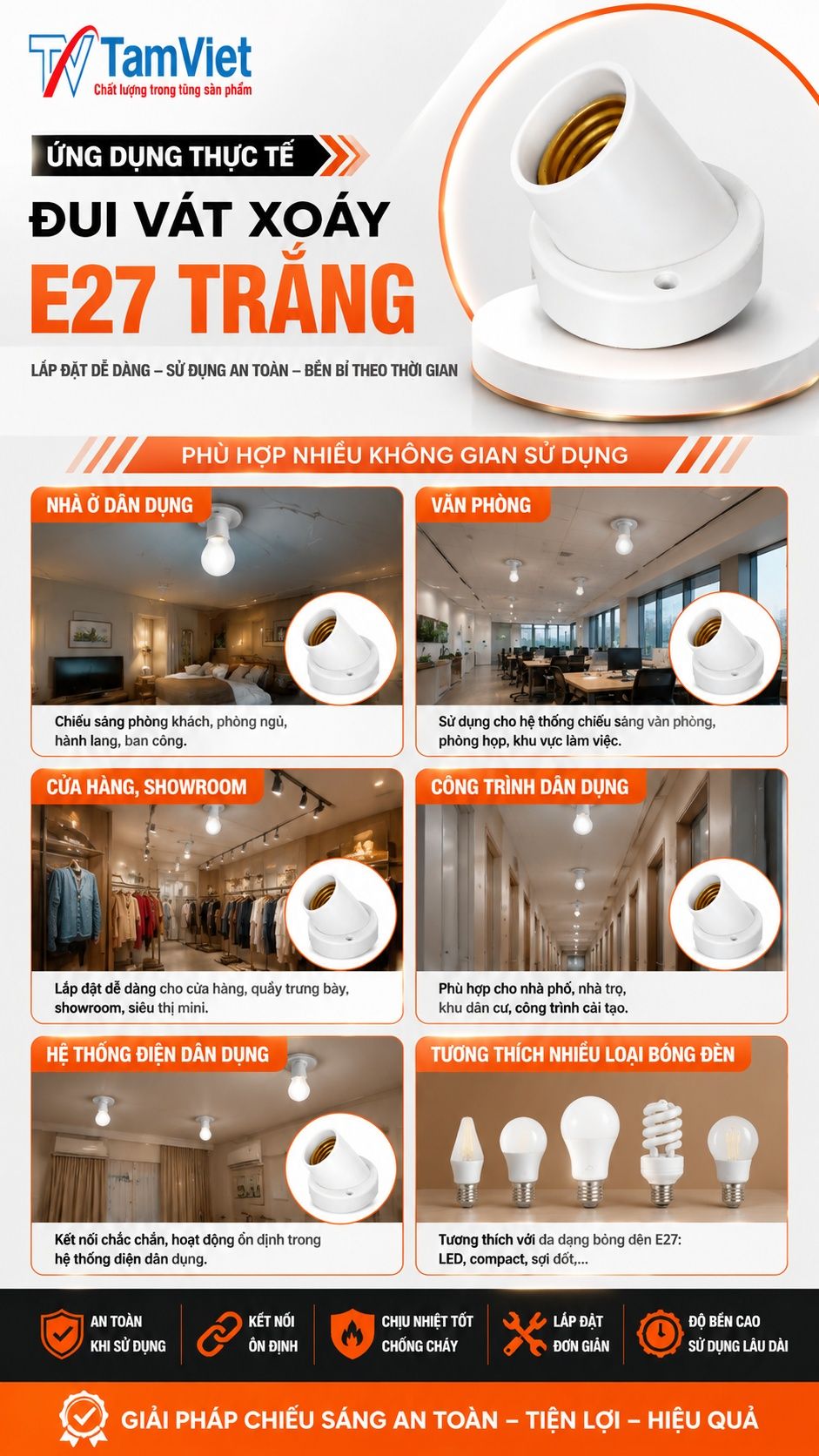 Ứng dụng đui vát xoáy E27 trắng