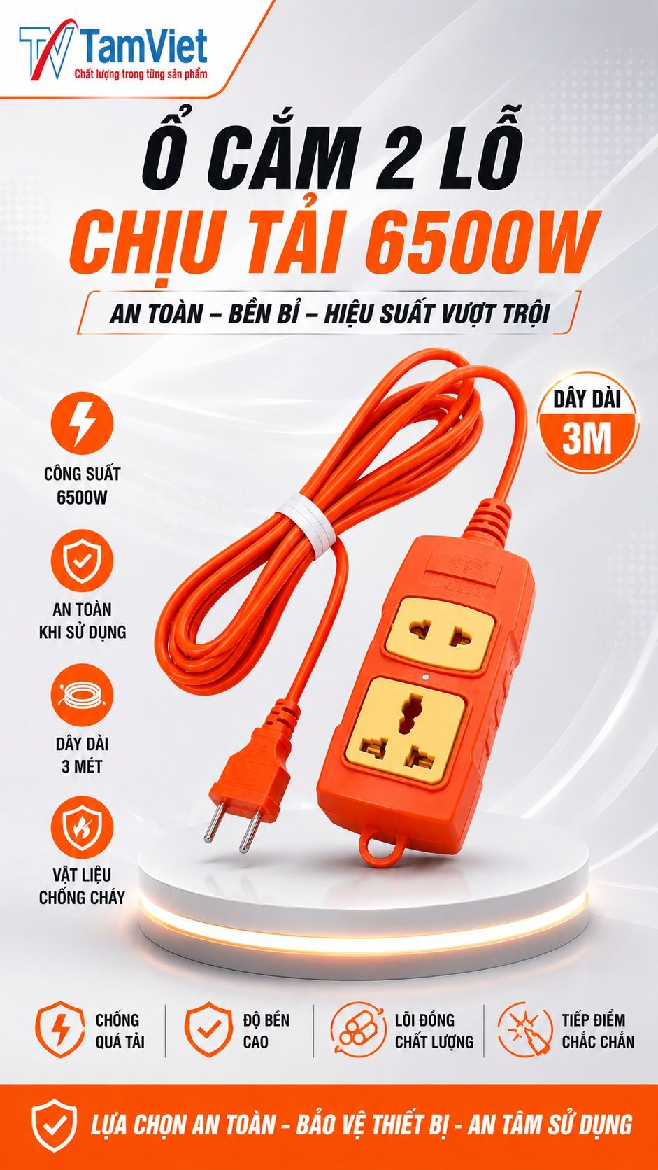 Ổ cắm 2 lỗ liền dây 3m