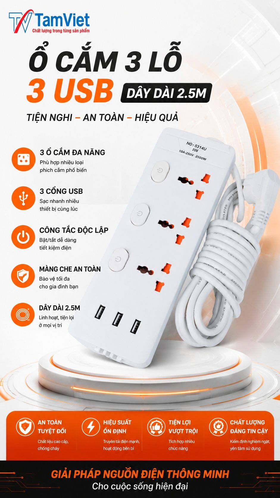 Ổ cắm 3 lỗ 3 USB dây dài 2.5m