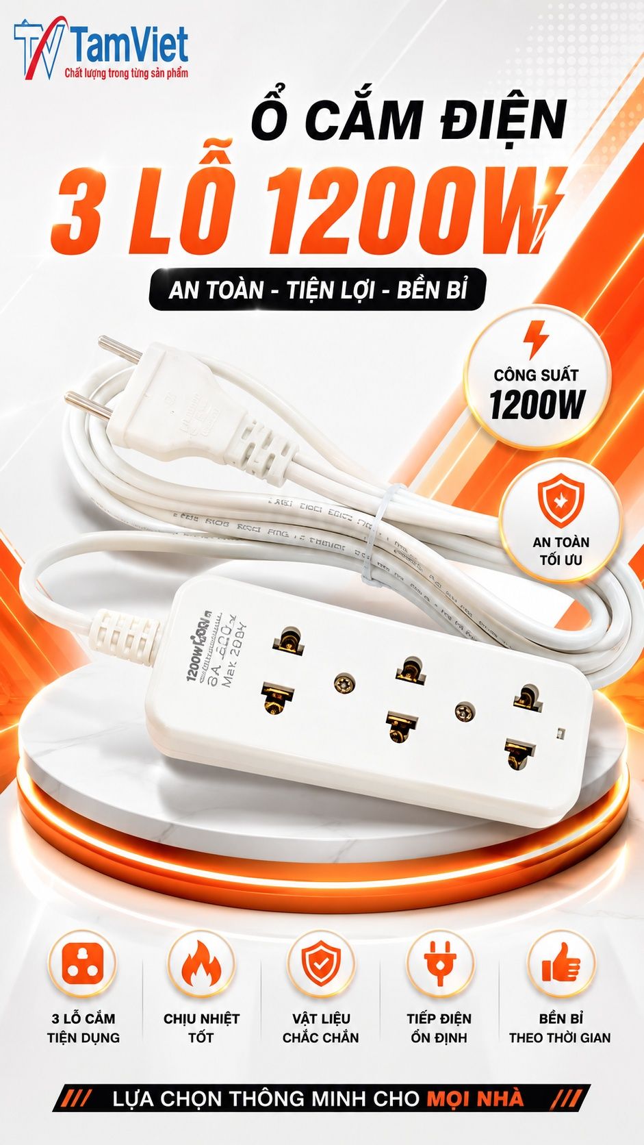 Ổ cắm điện 3 lỗ 1200W