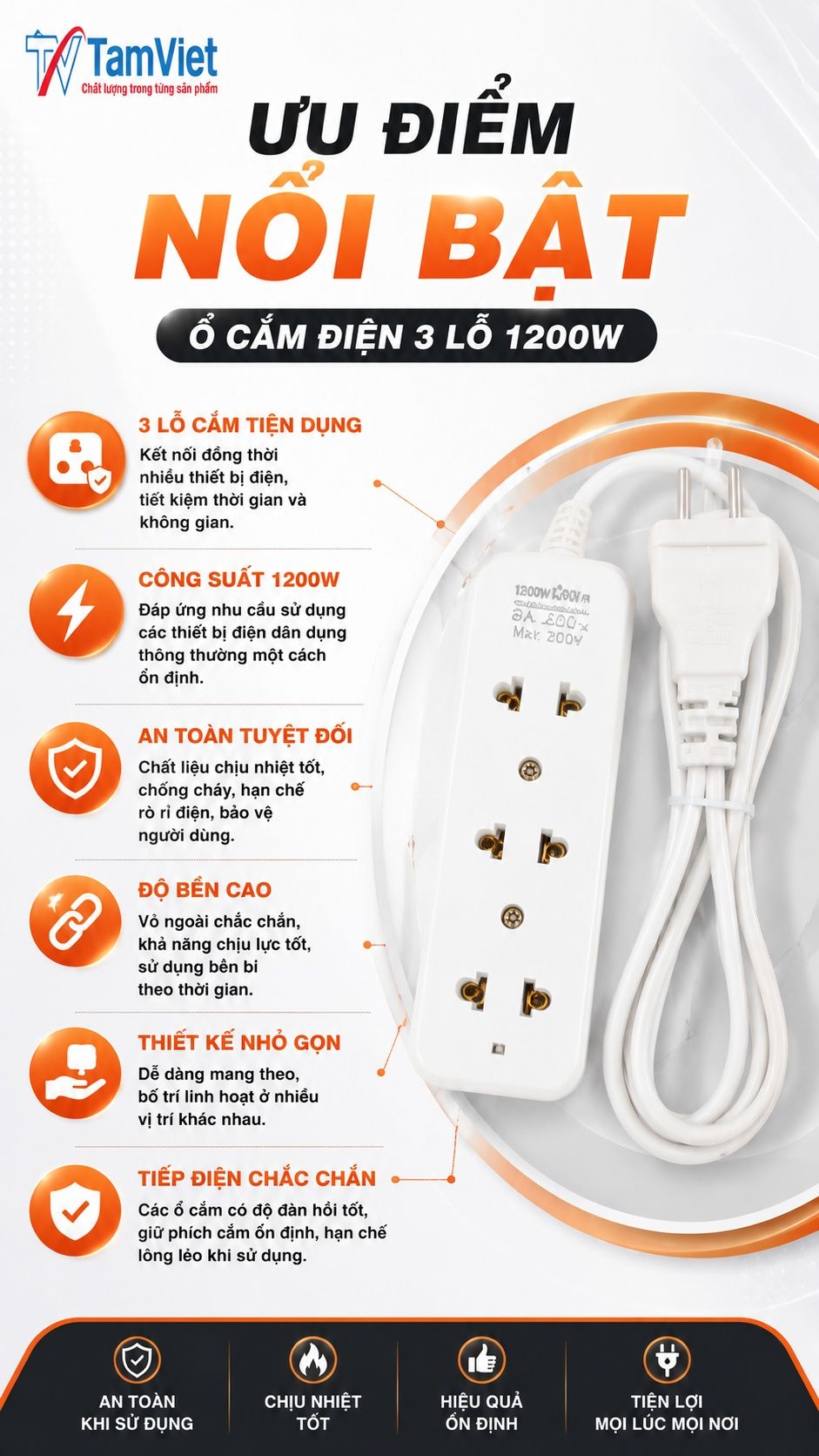 Ưu điểm ổ cắm điện 3 lỗ 1200W