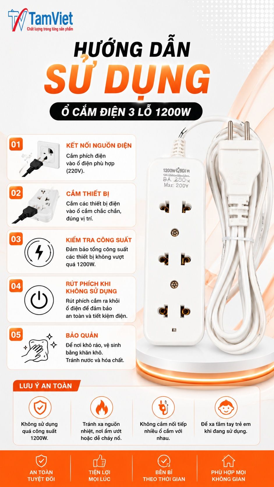 Hướng dẫn sử dụng ổ cắm điện 3 lỗ 1200W