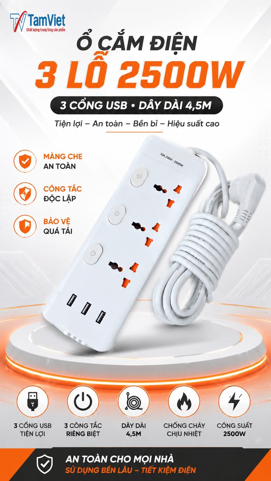 Ổ cắm điện 3 lỗ 3 USB 2500W dây dài 4.5m