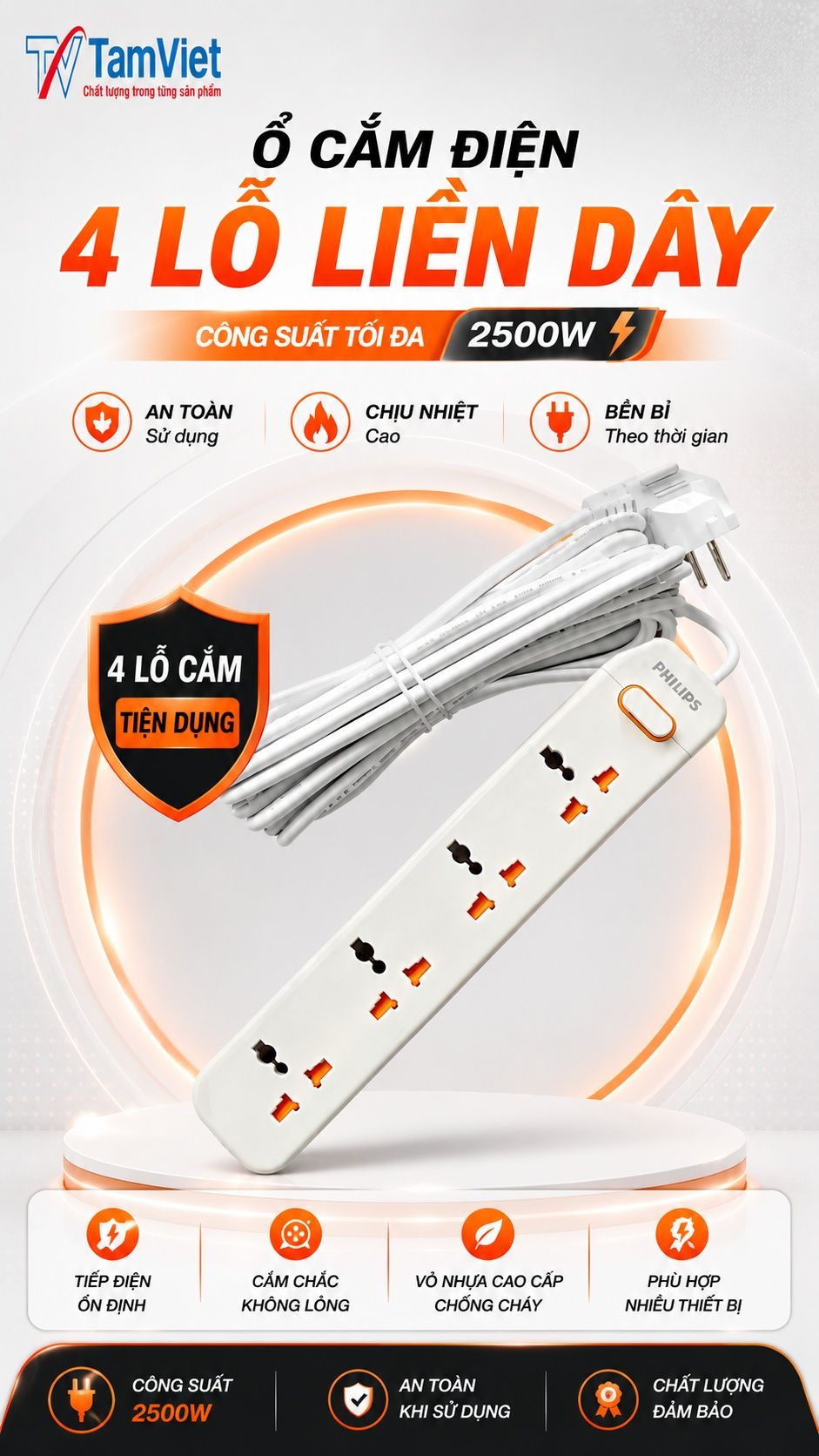 Ổ cắm điện 4 lỗ liền dây 2500W