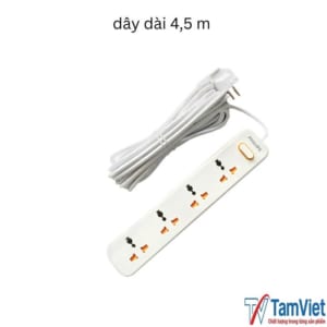 Ổ cắm điện 4 lỗ liền dây công suất 2500W, thiết kế bền bỉ, cấp nguồn ổn định cho nhiều thiết bị điện dân dụng.