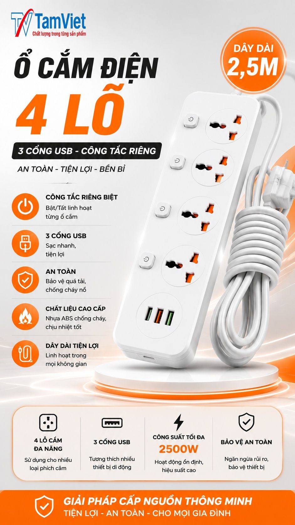 Ổ cắm điện 4 lỗ USB dây liền 2.5m