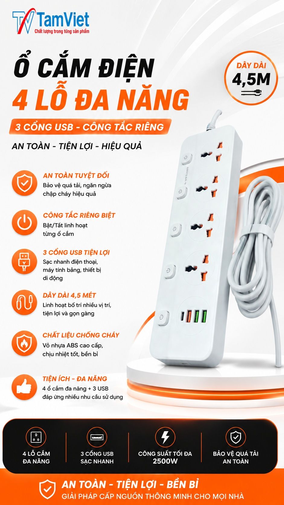 Ổ cắm điện 4 lỗ USB dây dài 4.5m