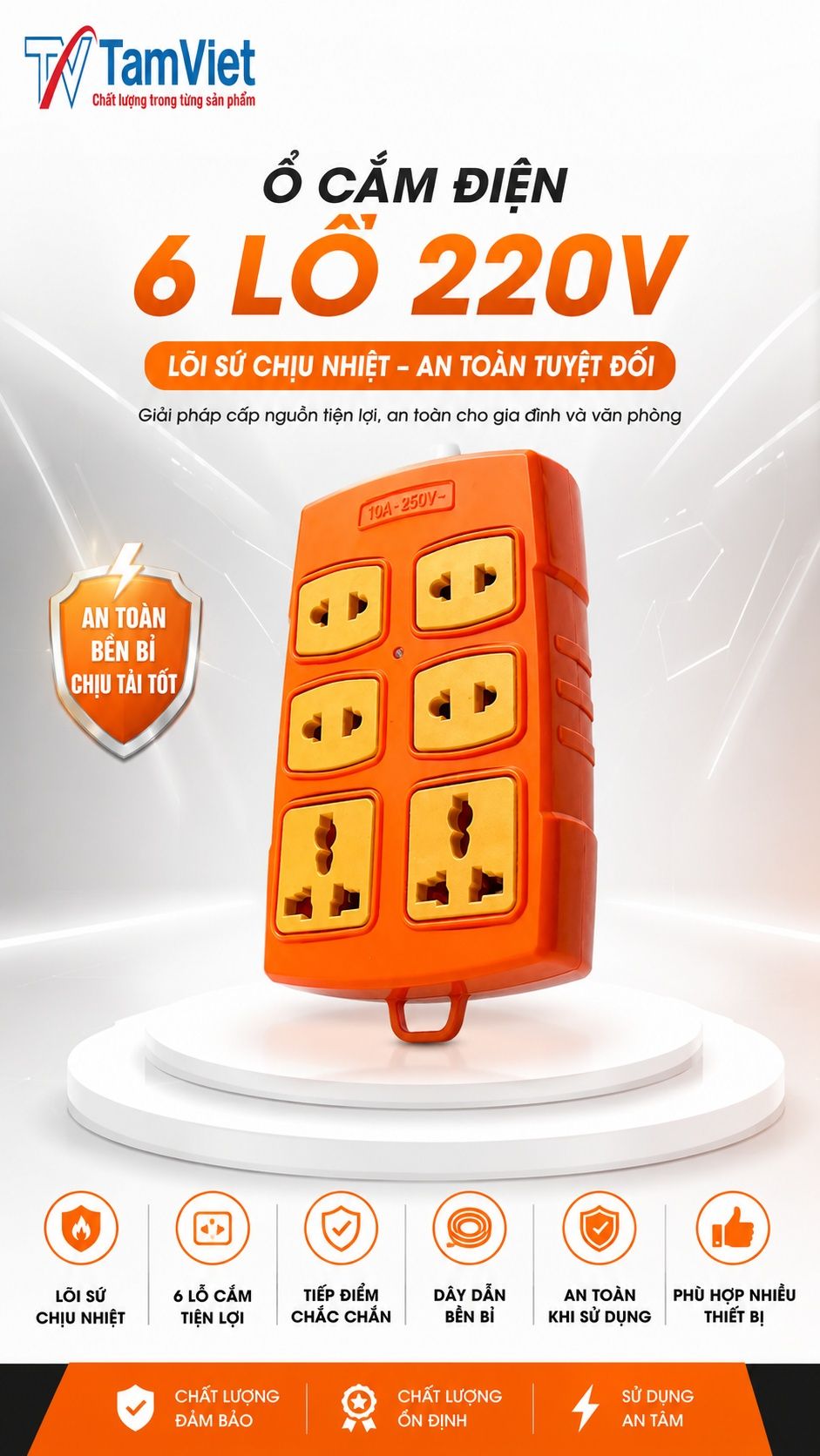 Ổ cắm điện 6 lỗ 220V lõi sứ