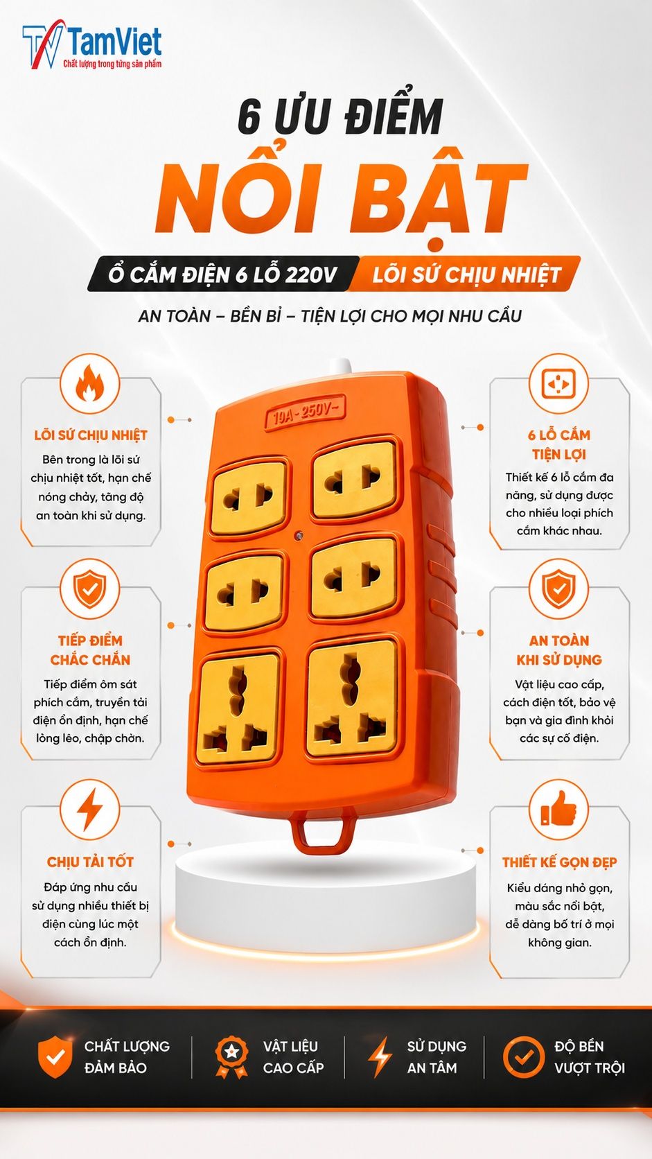 Ưu điểm ổ cắm điện 6 lỗ 220V lõi sứ
